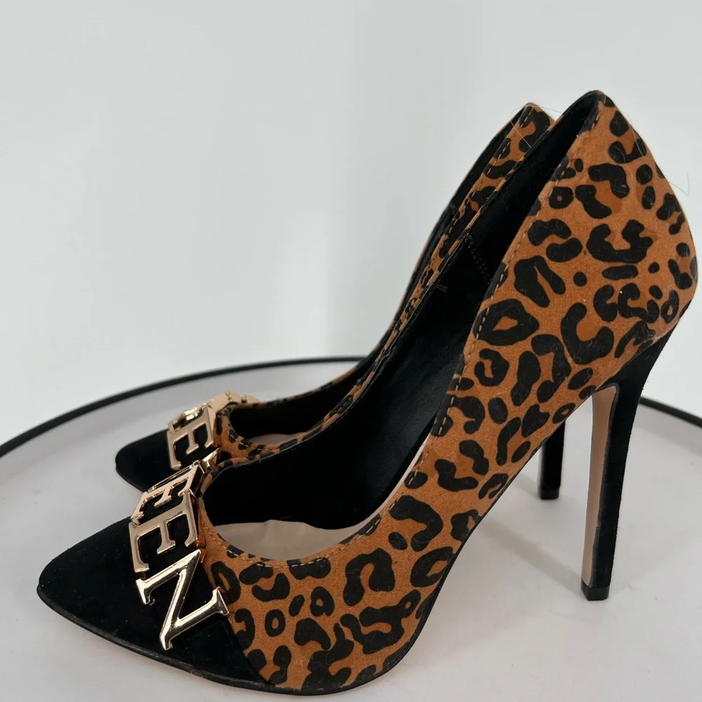 SHOE DAZZLE HEELS BLACK‎ CHEETAH QUEEN SLIP ON PUMPS, PADDED INSOLE, POINTED TOE